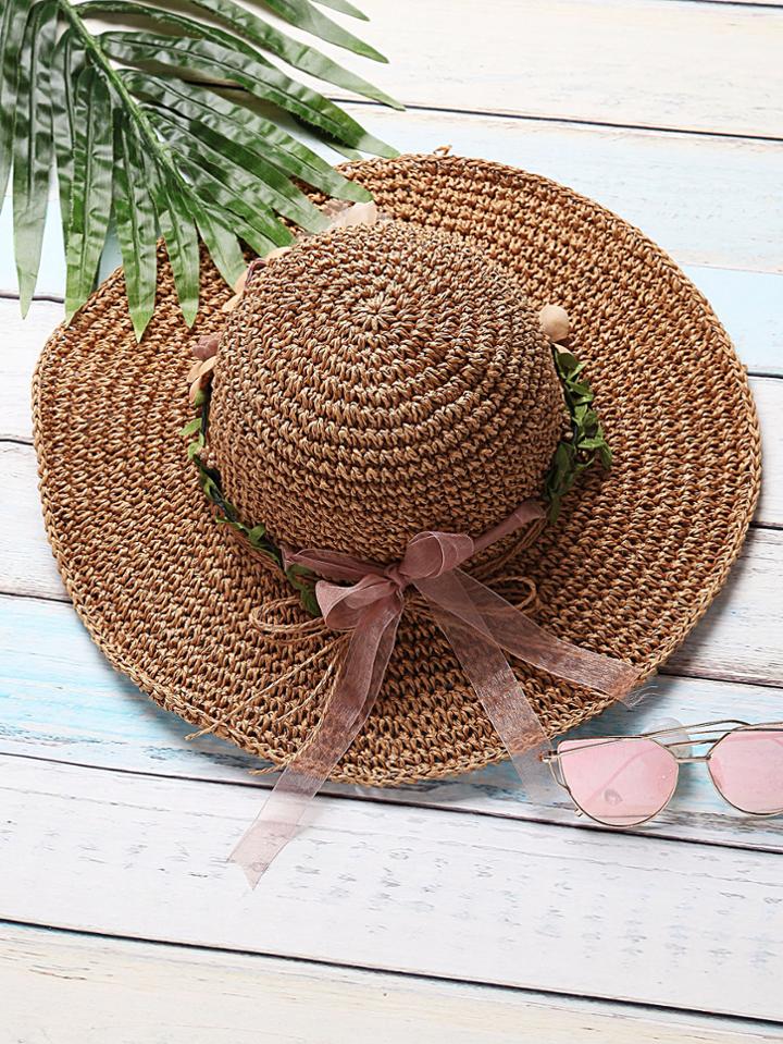 Shein Khaki Flower Detail Straw Hat With Bow