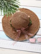 Shein Khaki Flower Detail Straw Hat With Bow