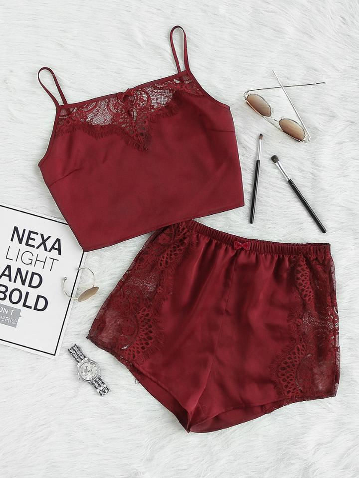 Shein Lace Insert Crop Cami And Shorts Pajama Set