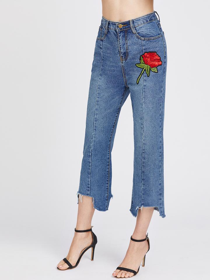 Shein Embroidered Raw Hem Cropped Jeans