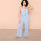 Shein Plus Button Front Foldover Front Wide Leg Striped Jumpsuit