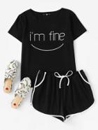 Shein Letters Print Top And Dolphin Hem Shorts Pajama Set