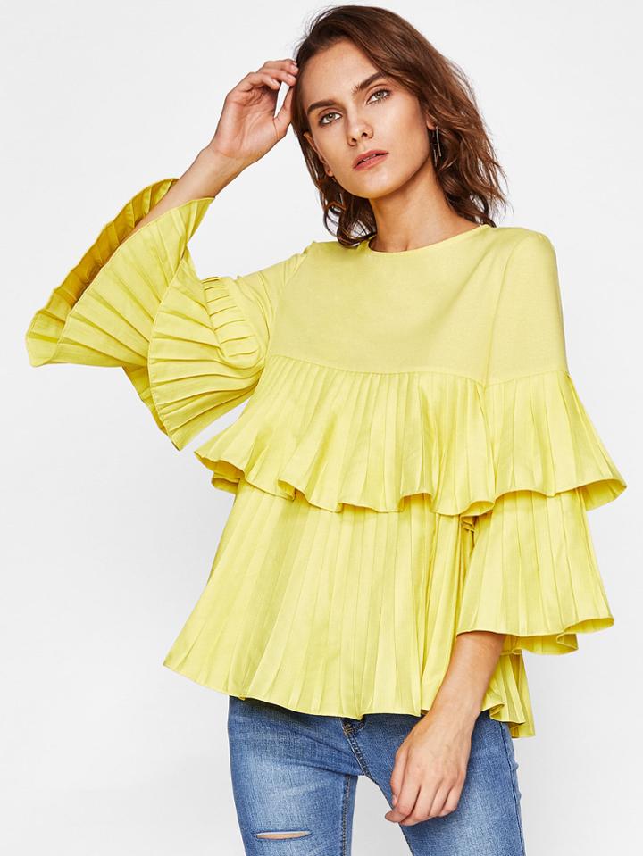Shein Tiered Pleated Bell Sleeve And Flounce Blouse