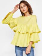 Shein Tiered Pleated Bell Sleeve And Flounce Blouse