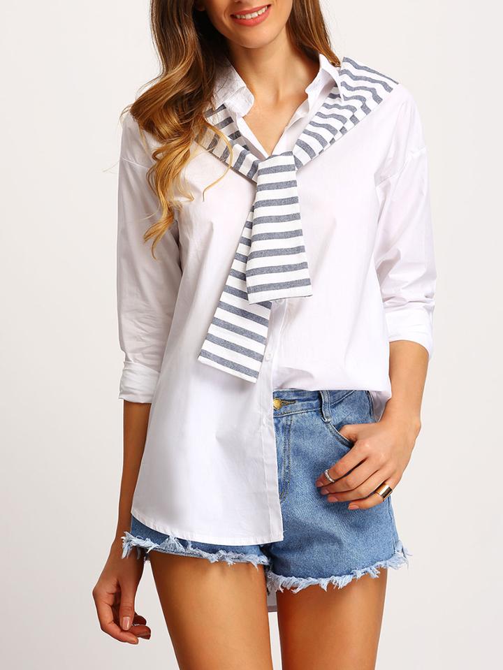 Shein White Striped Shawl Embellished Loose Blouse