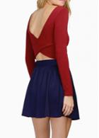 Rosewe Backless Long Sleeve Red Crop T Shirt
