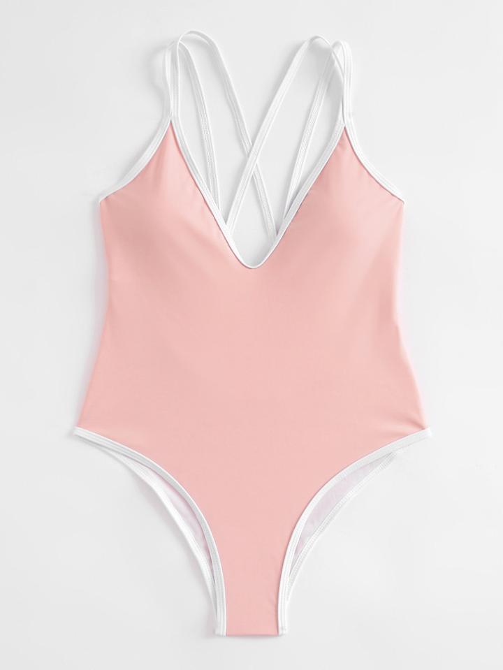 Shein Contrast Piping Strappy Back Swimsuit