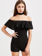 Shein Black Striped Ruffle Off The Shoulder Skinny Romper With Choker