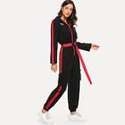Shein Zip Front Belted Striped Jumpsuit