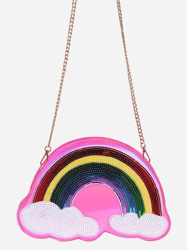 Shein Pink Sequin Rainbow Clutch Bag With Chain