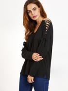 Shein Black V Neck Lace Up Shoulder Sweater