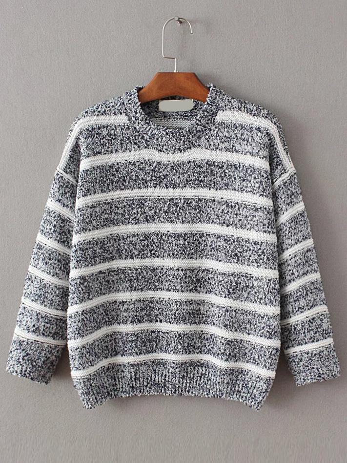 Shein Blue Contrast Striped Crew Neck Sweater