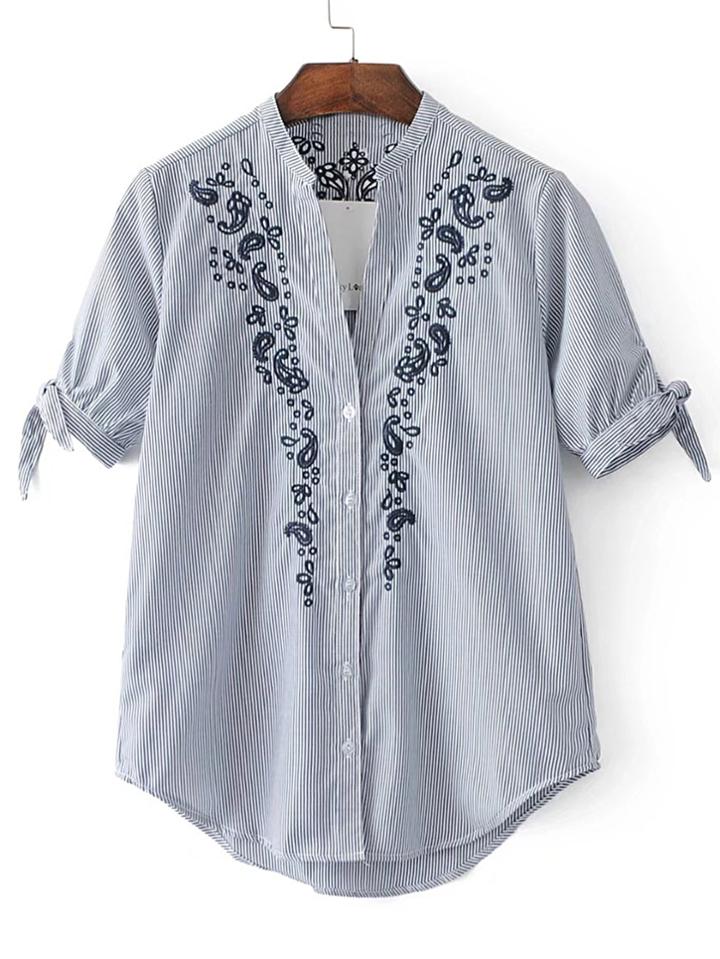 Shein Pinstripe Flower Embroidery Tie Cuff Blouse