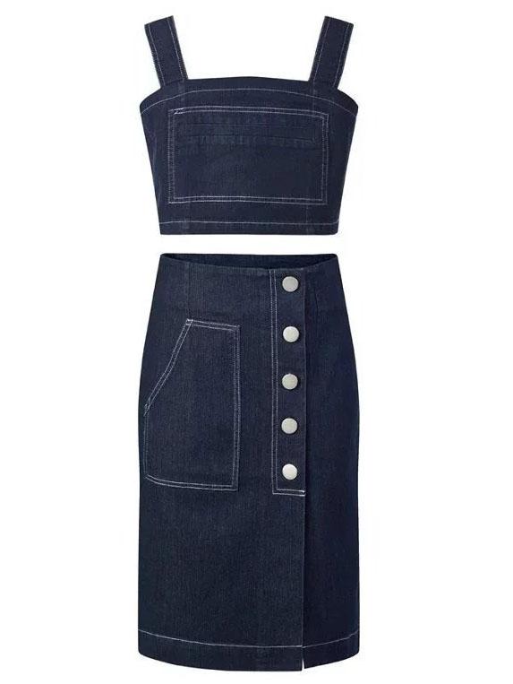 Shein Black Buttons Front Denim Pencil Skirt With Crop Strap
