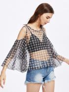 Shein Gingham Print Open Shoulder Layered Bell Sleeve Top