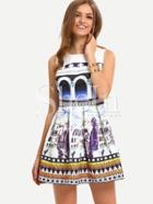 Shein Multicolor Sleeveless Pleated Print Dress