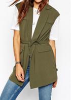 Rosewe Belted Army Green Notch Collar Sleeveless Trench Coat