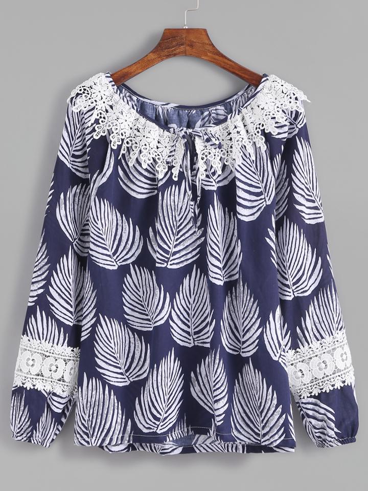 Shein Dark Blue Leaves Print Tie Neck Crochet Trim Top