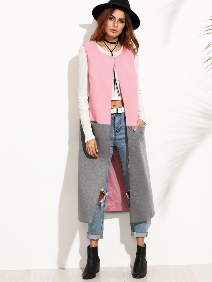Shein Contrast Collarless One Button Closure Vest