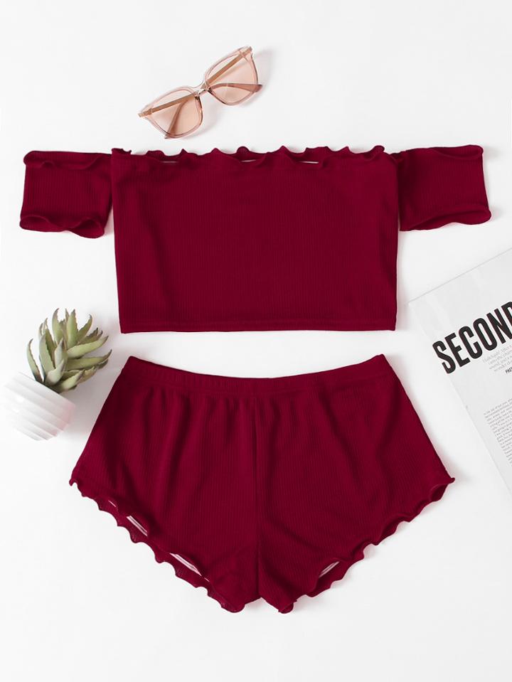 Shein Bardot Lettuce Edge Crop Ribbed Top With Shorts