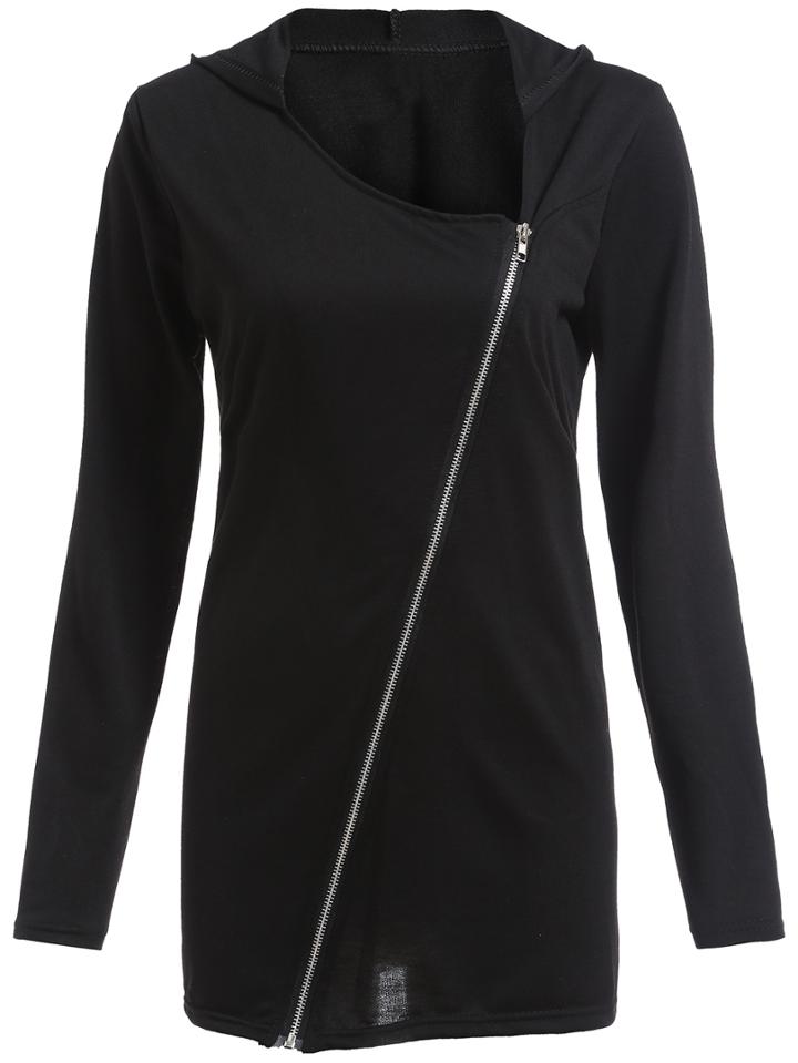 Shein Women Black Zipper Hooded Coat