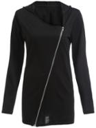 Shein Women Black Zipper Hooded Coat