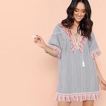 Shein Lace Up Tassel Striped Split Tribal Dress