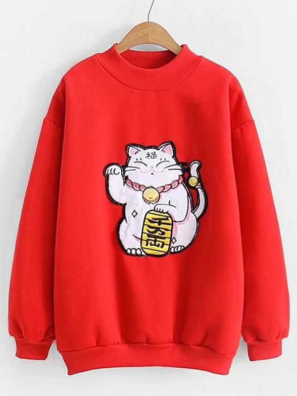 Shein Fortune Cat Patch Jumper Sweatshirt