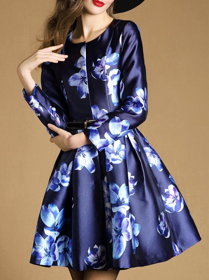 Shein Blue Round Neck Long Sleeve Drawstring Pockets Print Coat