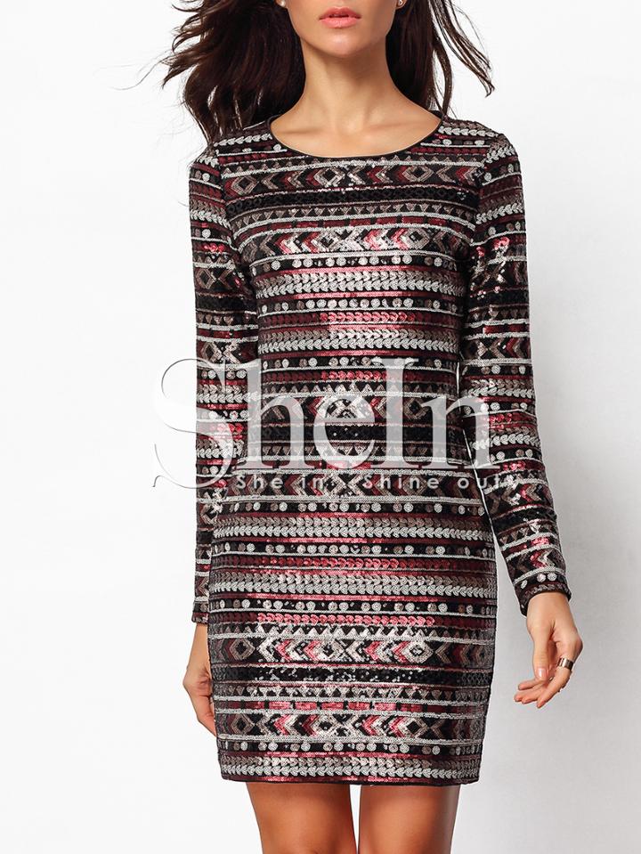 Shein Burgundy Striped Sequined Bodycon Dress