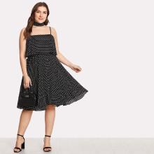 Shein Plus Double Layer Polka Dot Cami Dress With Neck Tie