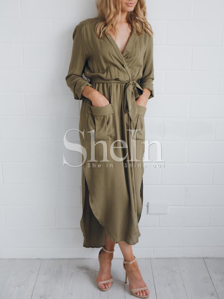 Shein Army Green Long Sleeve Rockabilly Peasant Waistband Sophisticated Pockets Split Maxi Dress