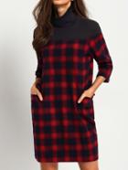 Shein Color-block High Neck Plaid Dress With Pockets