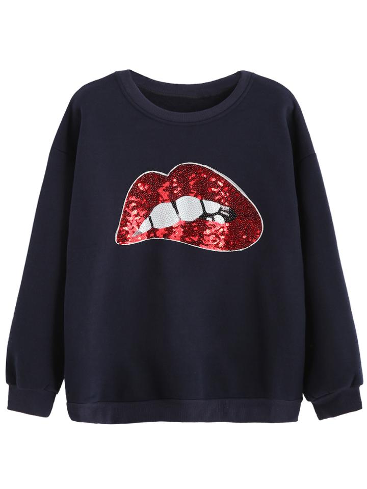 Shein Navy Sequin Lip Print Sweatshirt