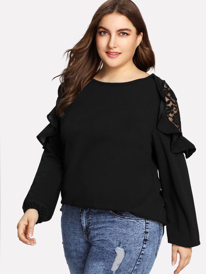 Shein Lace Panel Ruffle Trim Top