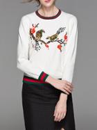 Shein White Birds Sequined Striped Sweater