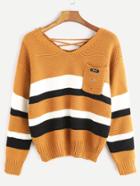 Shein Khaki Double V Neck Lace Up Back Striped Sweater