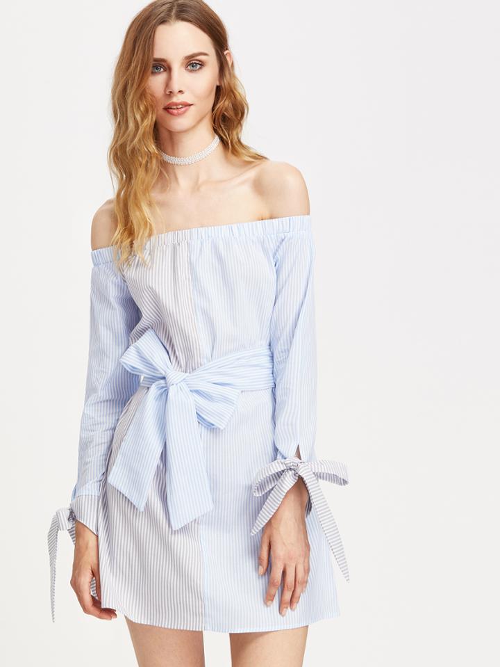 Shein Bardot Striped Tie Cuff Dress With Self Tie
