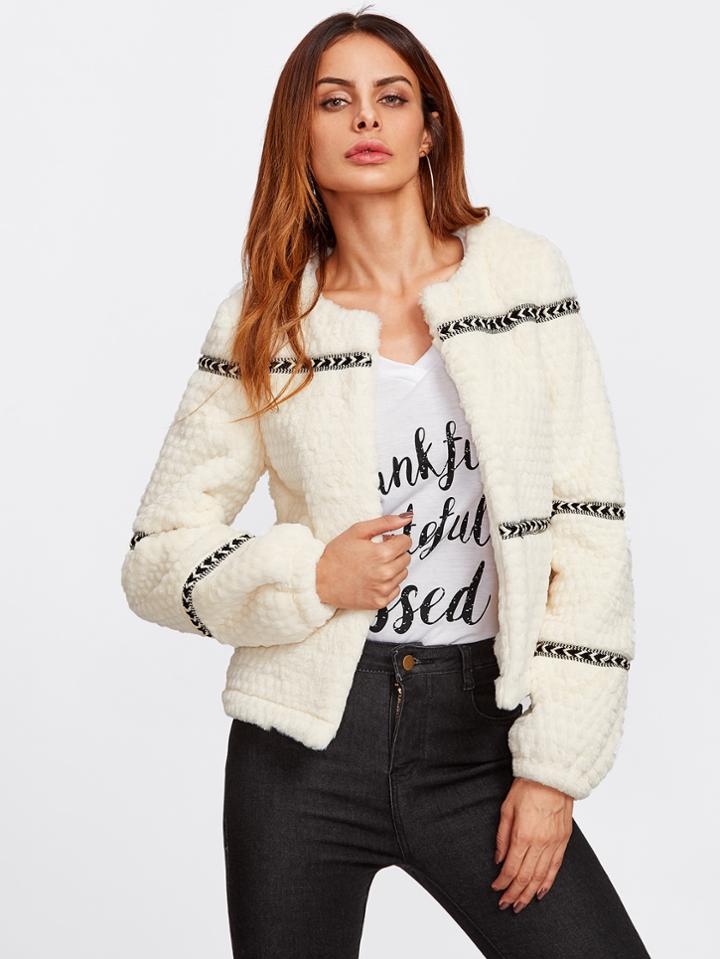 Shein Chevron Tape Detail Textured Faux Fur Coat