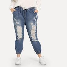 Shein Plus Drawstring Waist Bleach Wash Ripped Jeans