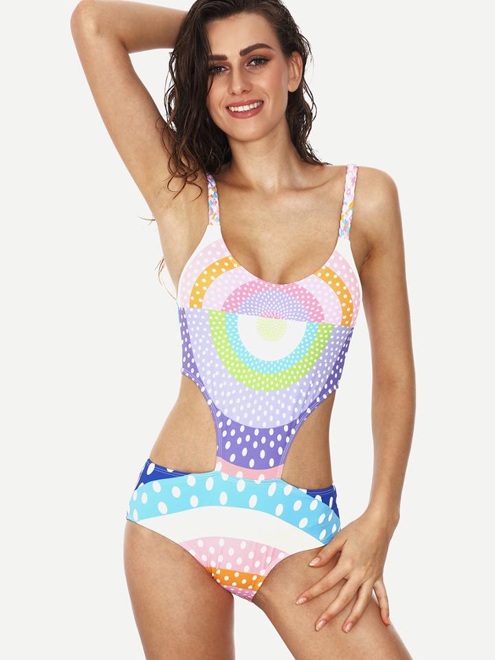 Shein Multicolor Dot Print Cutout One Piece Swimwear