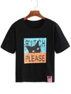 Shein Black Short Sleeve Letters Cat Print T-shirt