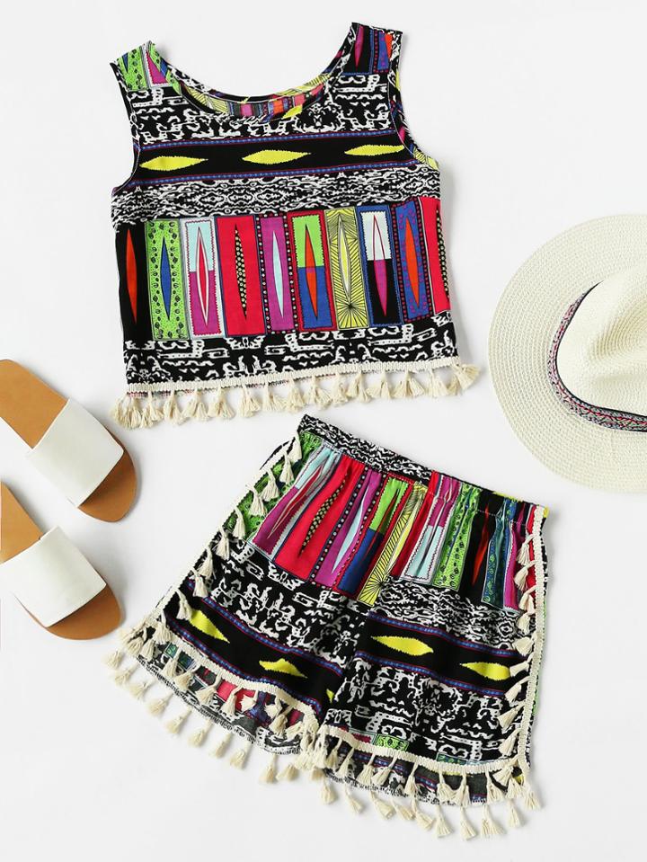 Shein Contrast Tassel Trim Aztec Print Tank Top With Shorts