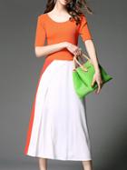 Shein Orange White Contrast Knit Split A-line Dress