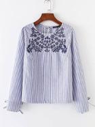Shein Vertical Striped Embroidered Tie Detail Top