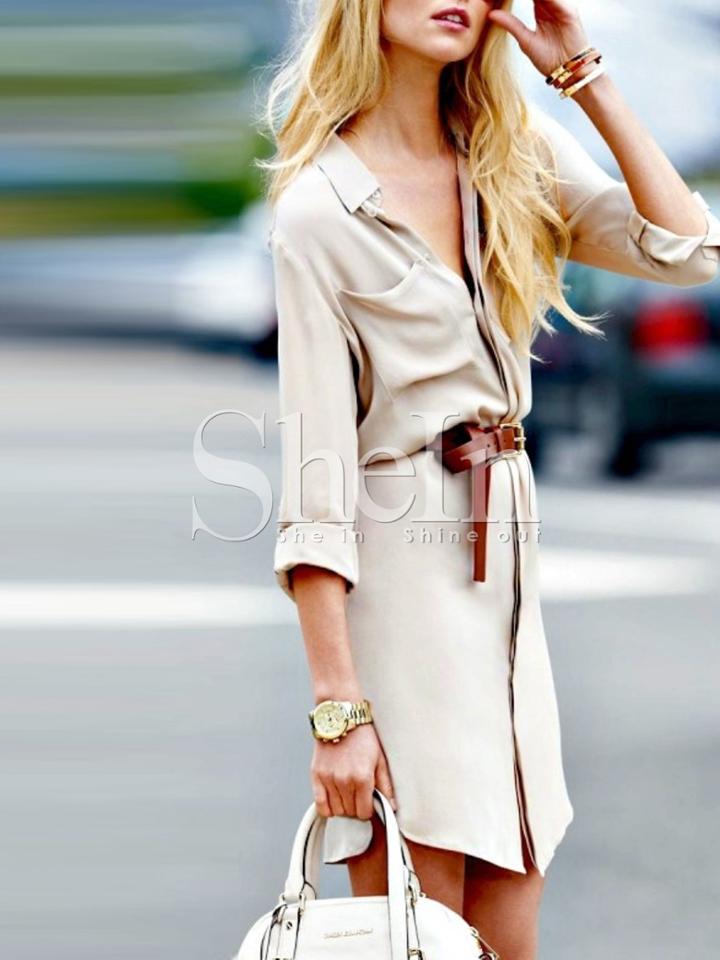 Shein Apricot Long Sleeve Lapel Dress