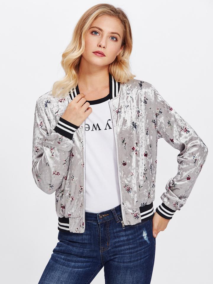 Shein Striped Trim Zip Up Floral Bomber Jacket