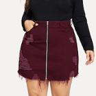 Shein Plus Zip Front Raw Hem Ripped Denim Skirt