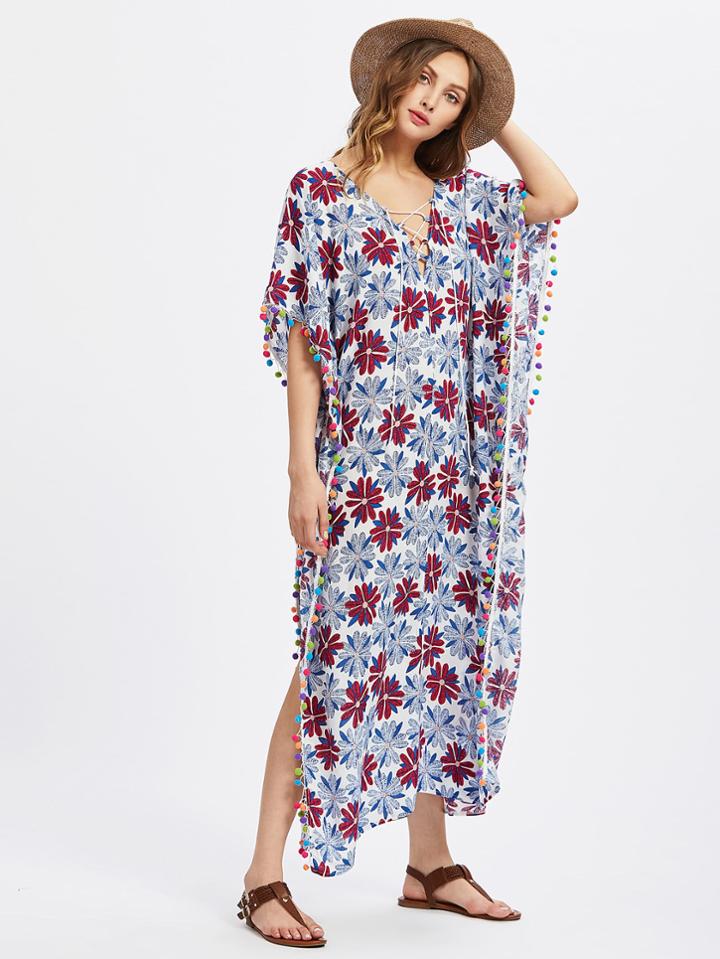 Shein Plunge Pom Pom Trim Allover Florals Beach Kaftan