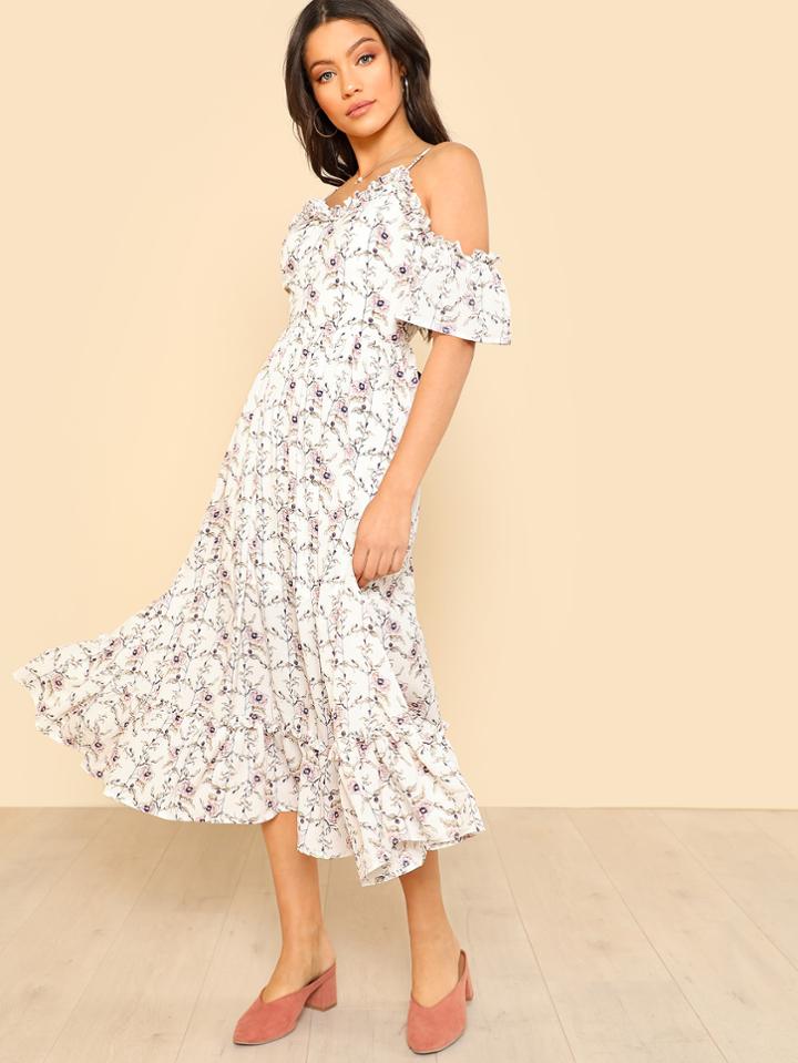 Shein Frilled Cold Shoulder Botanical Dress